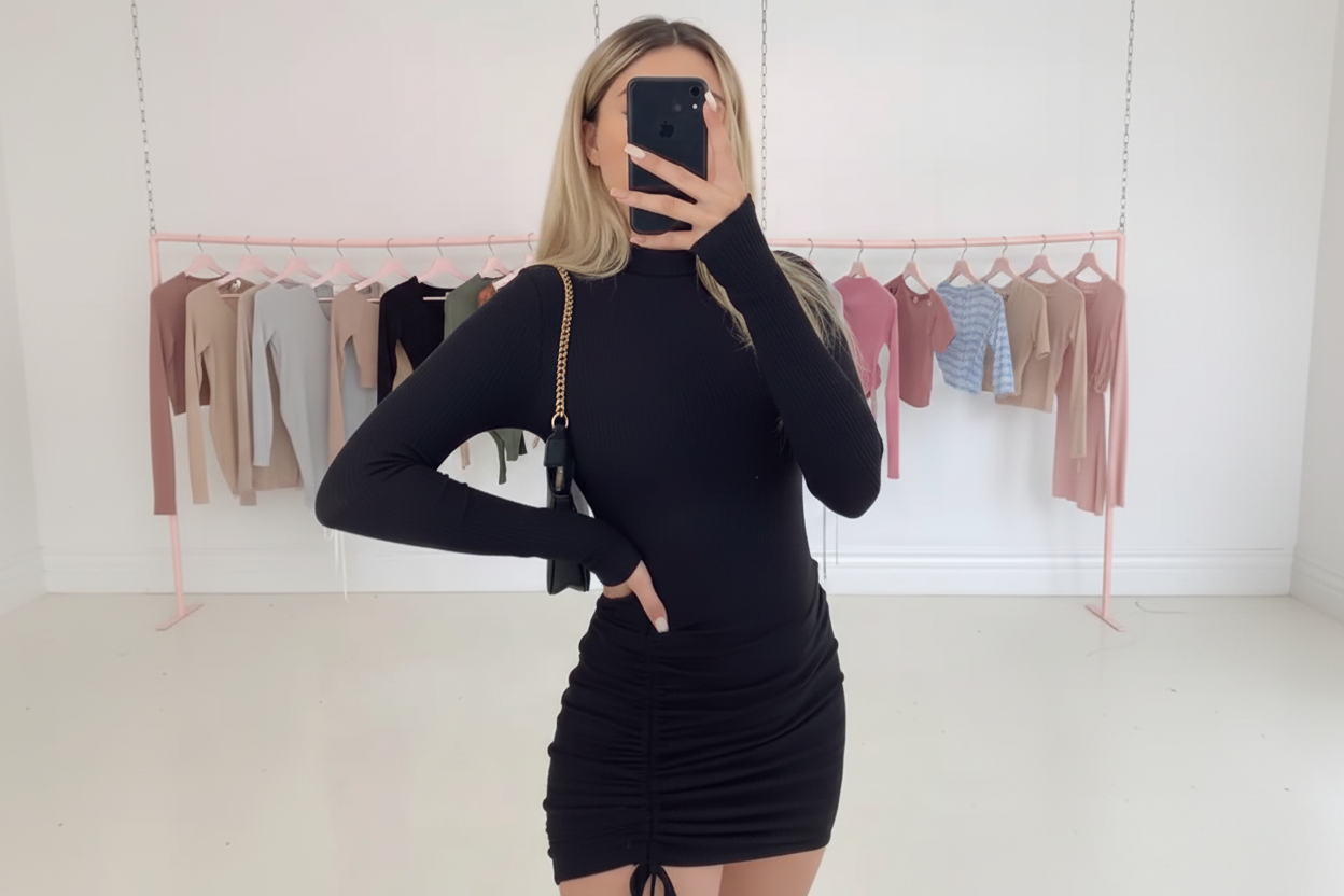 Chic Black Ruched Turtleneck Mini Dress